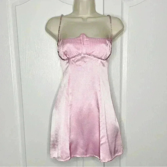 NWOT For Love & Lemons Elora Satin Strappy-Back Mini Pink Dress Size Large - Picture 5 of 12
